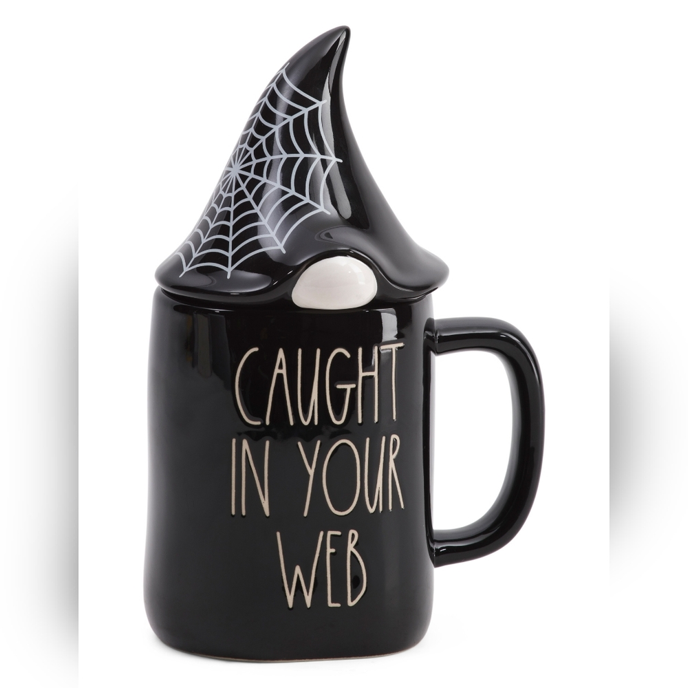 Rae Dunn Halloween 2022 CAUGHT IN YOUR WEB Mug w/ Gnome Topper
